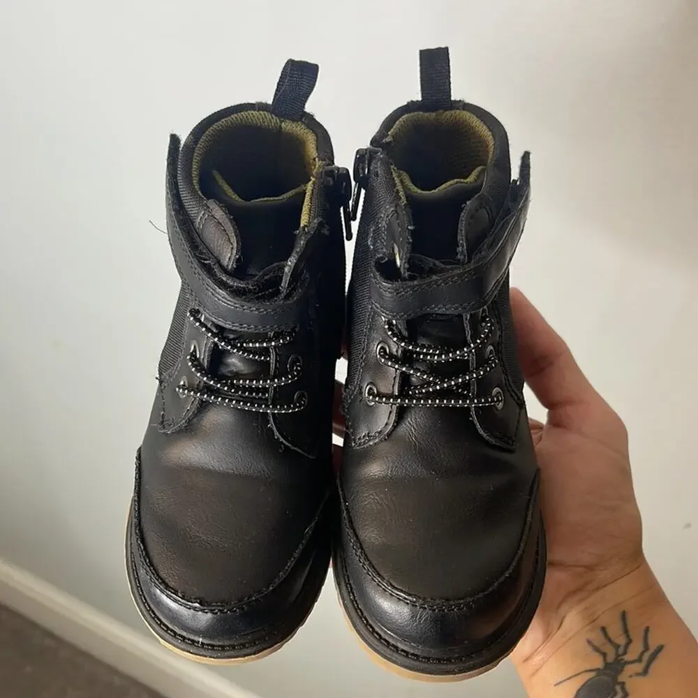 WONDER NATION Black Faux Leather Combat Style Boots Size 8